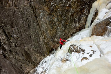 Mike enjoying early season conditions on the upper pitches of Cannon Cliff’s The Black Dike ice climb.